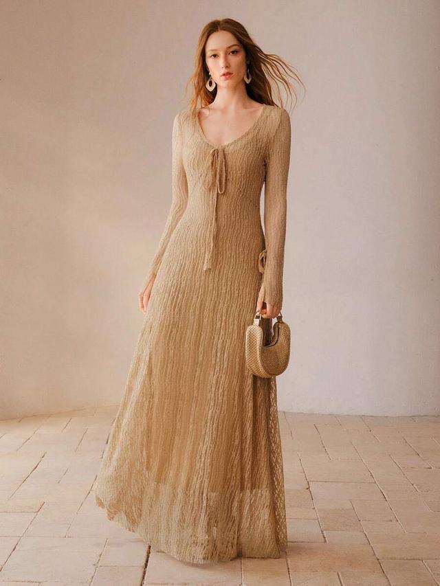 motf premium v-neck knotted waist sheer lace dress