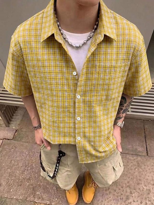 yellow plaid short sleeve casual summer shirt