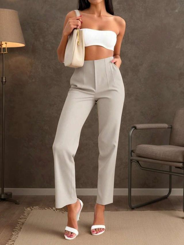 beige high-waisted tailored straight leg trousers