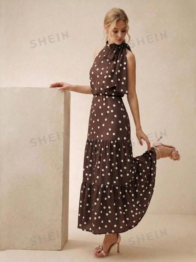 brown and white polka dot tie collar layered dress