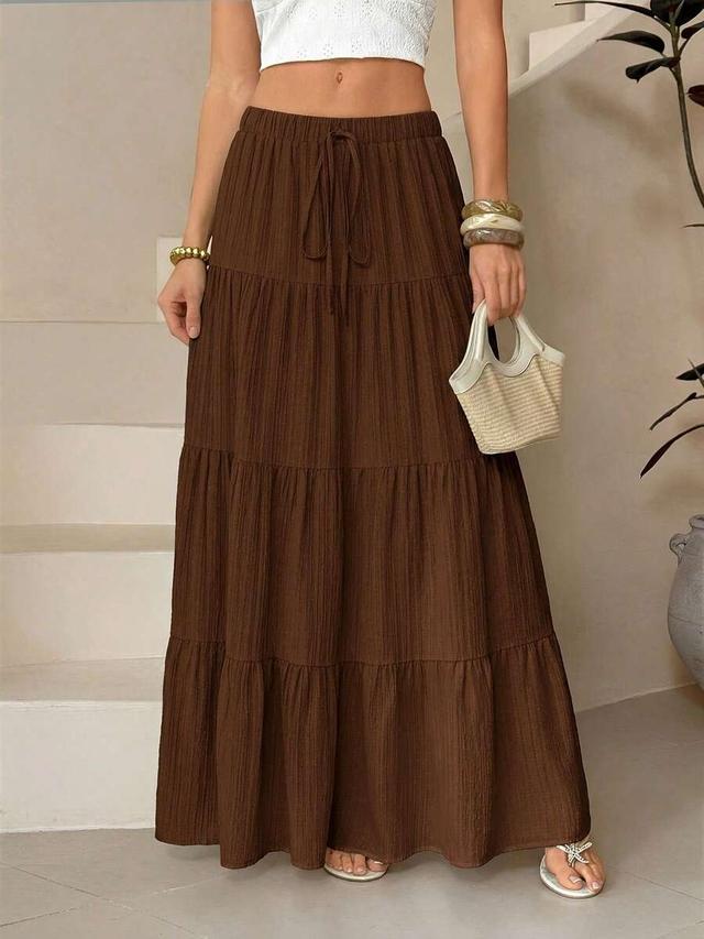 brown textured tiered maxi skirt with drawstring waist