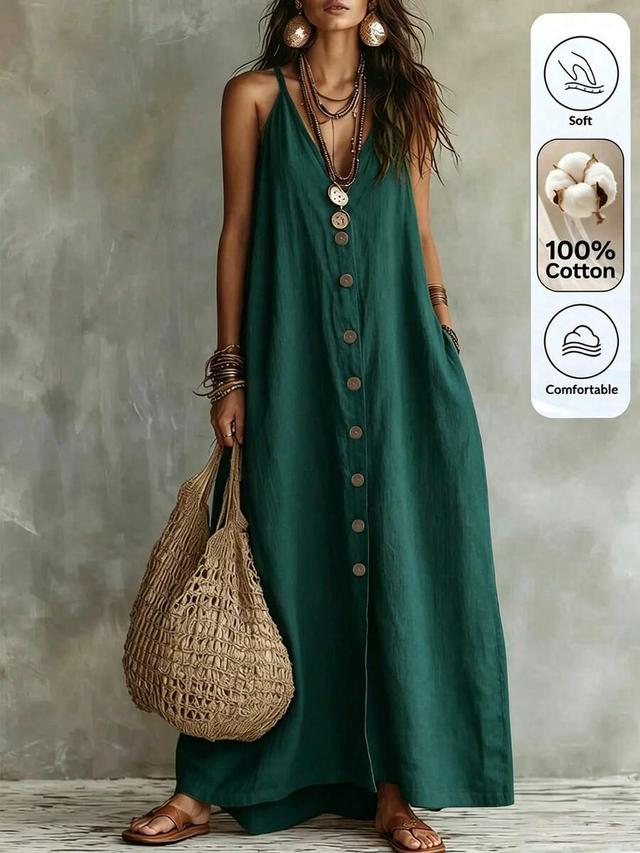 emerald green linen button-down maxi dress