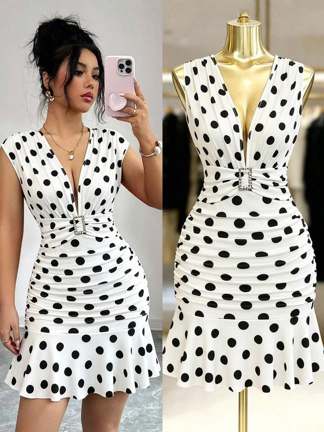 polka dot deep v-neck pleated mermaid dress