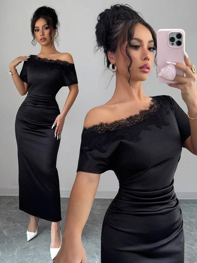 black satin asymmetric ruched lace shoulder bodycon dress