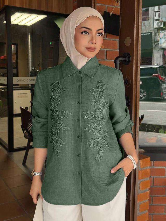green casual long sleeve blouse with floral embroidery