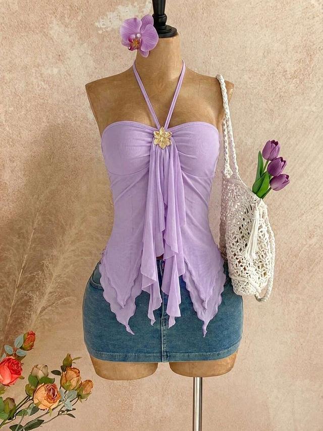 lavender asymmetrical halter neck top with metal flower