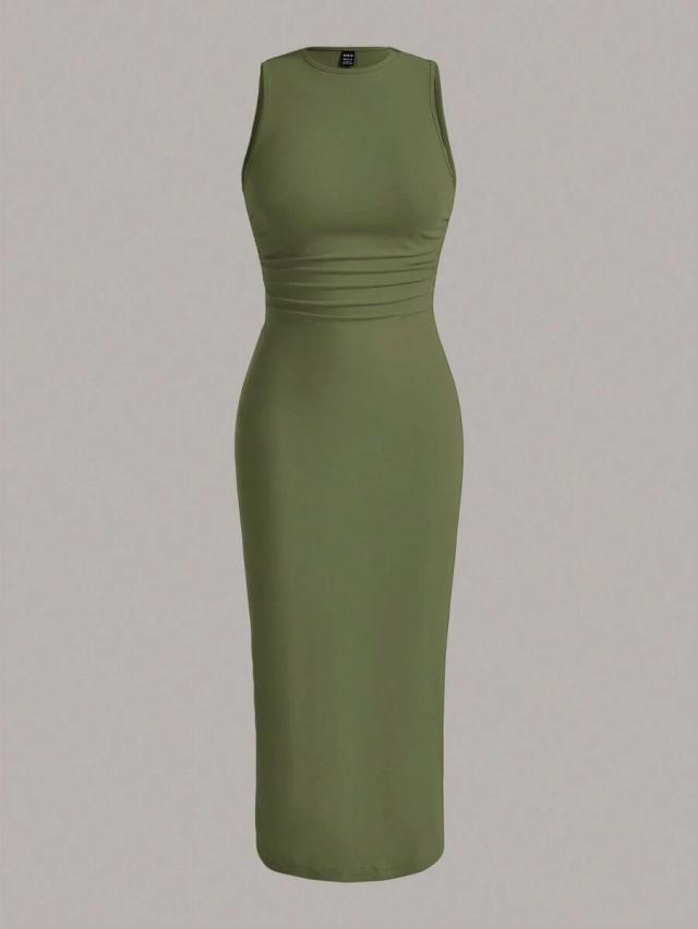 olive green ribbed knit bodycon midi dress