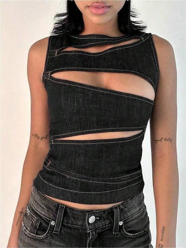 asymmetrical cutout denim tank top