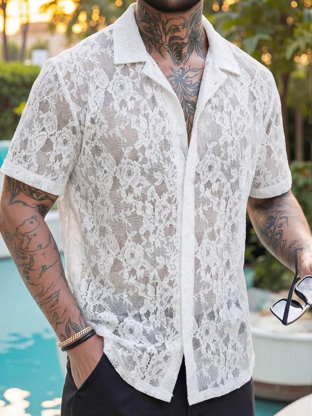 men's white floral lace short sleeve camp collar shirt