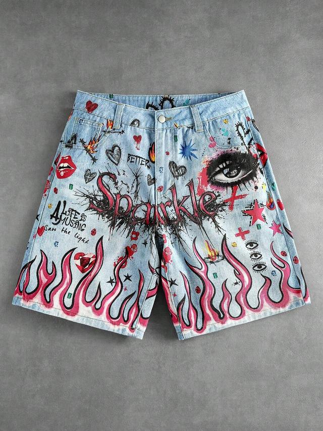y2k graffiti print denim shorts with pink flame