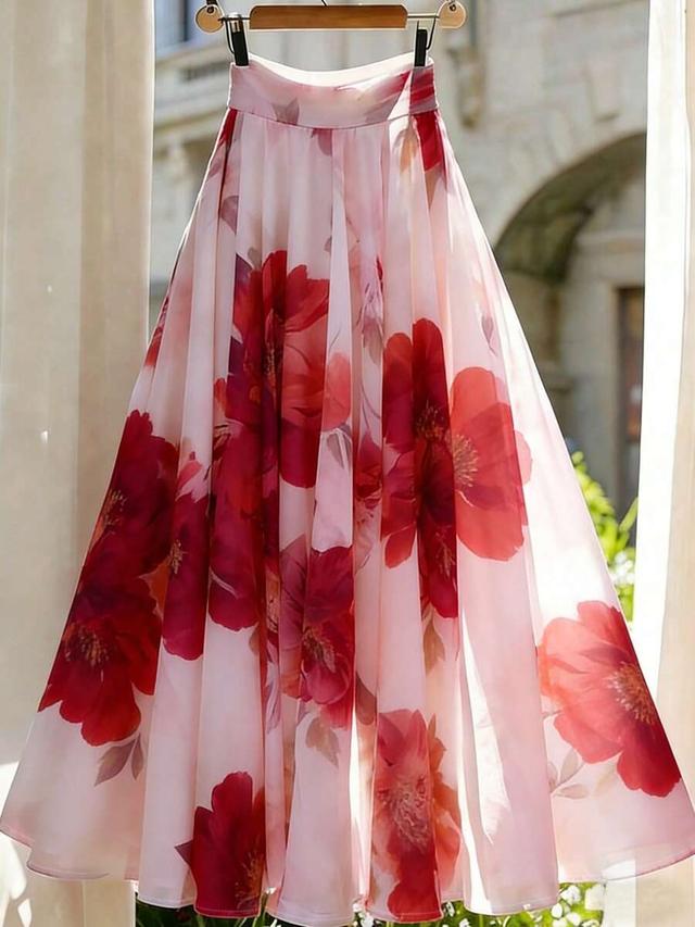 light pink floral print a-line midi skirt