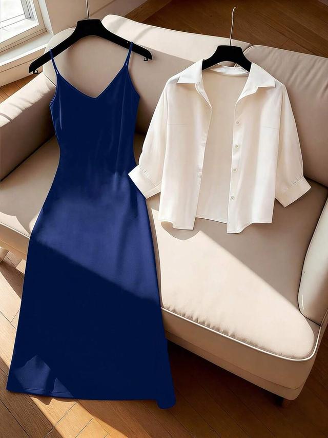 navy minimalist long sleeve top and slip dress