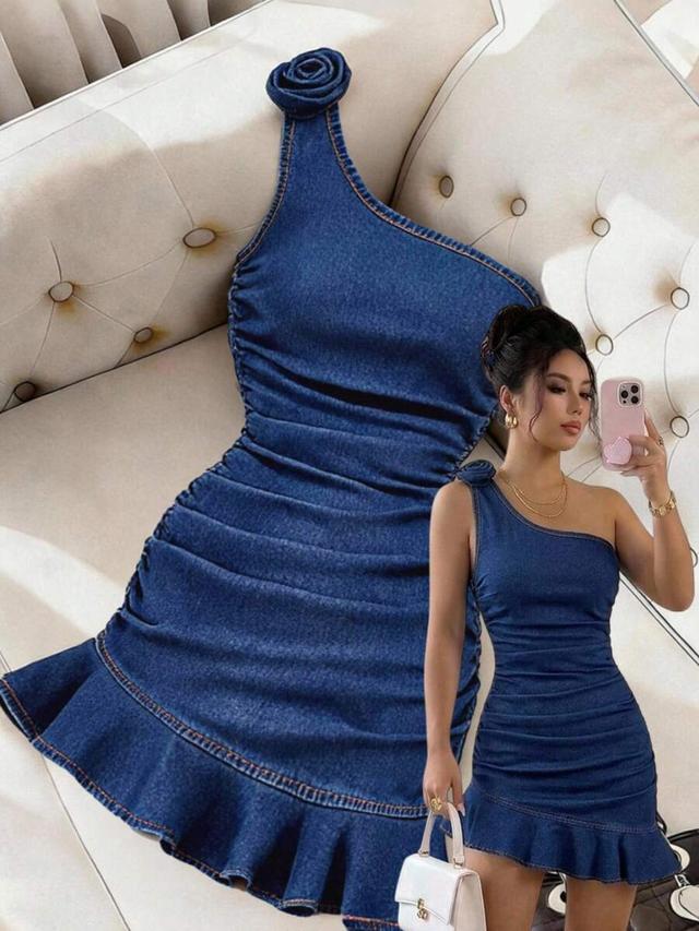 one-shoulder denim mini dress with rosette detail