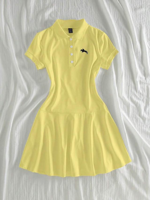 flirla women casual yellow polo collar short sleeve dress