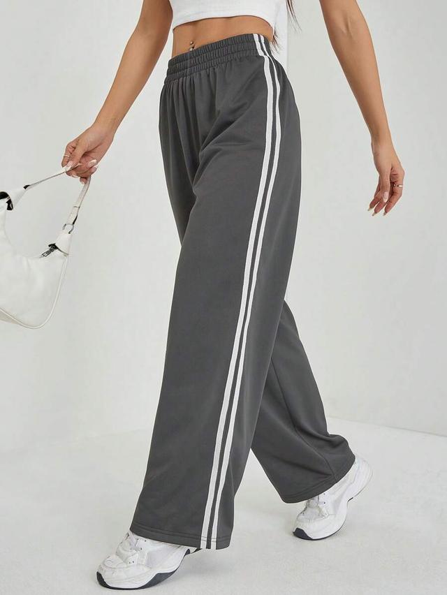 charcoal grey elastic waist side stripe wide leg sweatpants