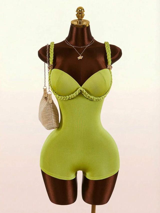 lime green bandage backless jumpsuit with braided rope details