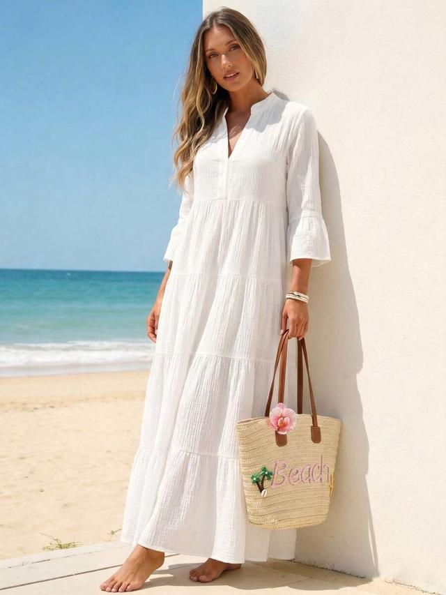 white cotton textured v-neck tiered maxi dress