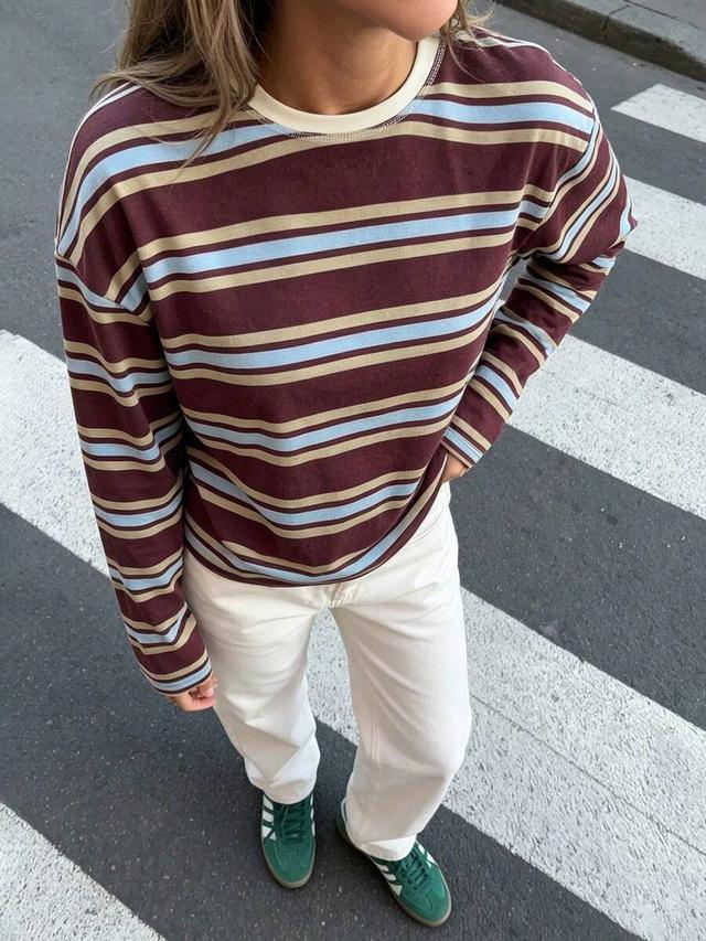 striped color block ribbed long sleeve casual top