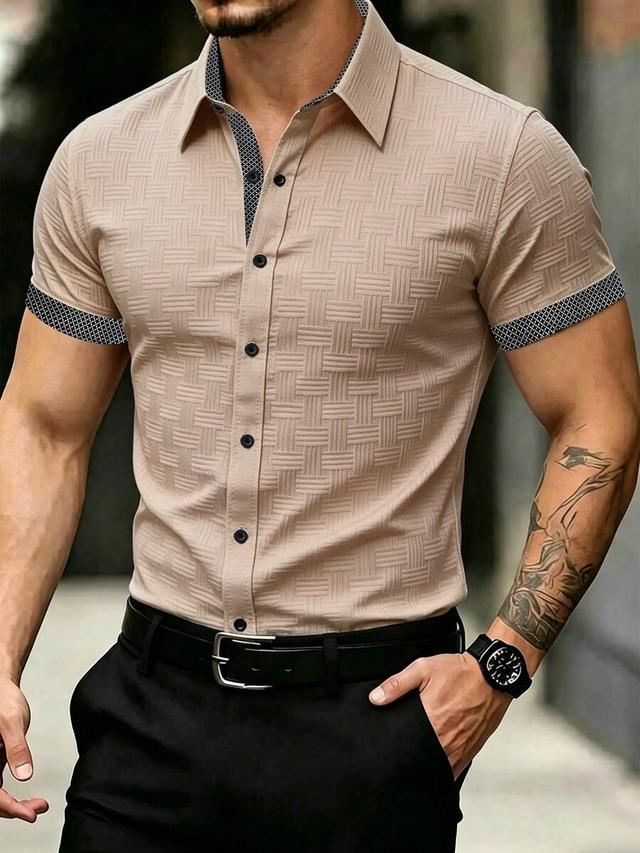 beige textured short sleeve button up shirt
