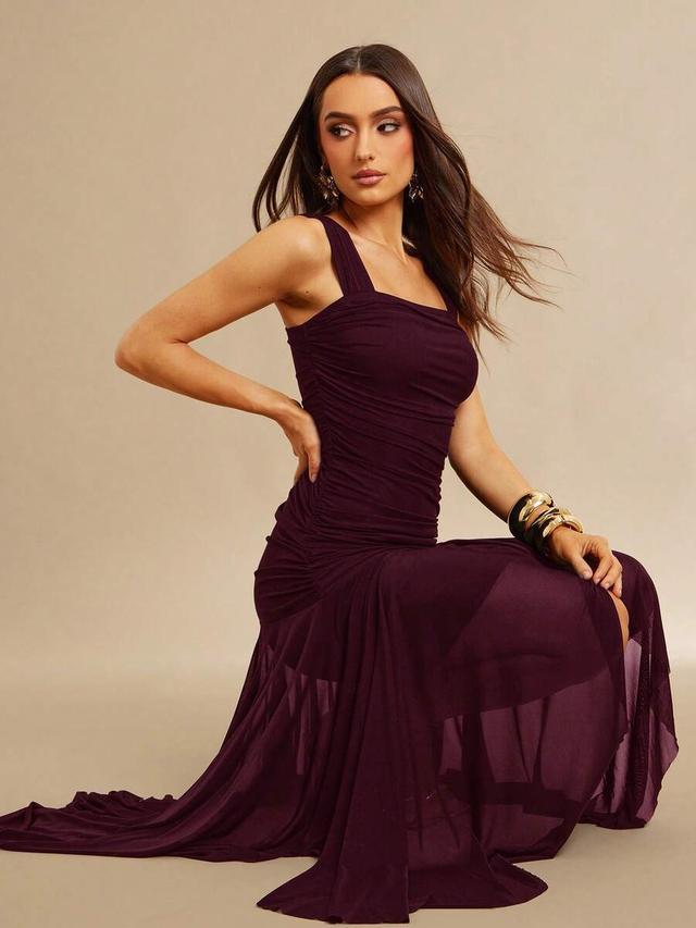 elegant dark purple ruched asymmetrical party dress