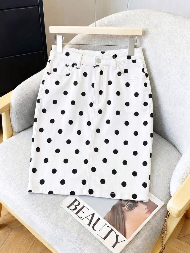 white polka dot denim pencil skirt