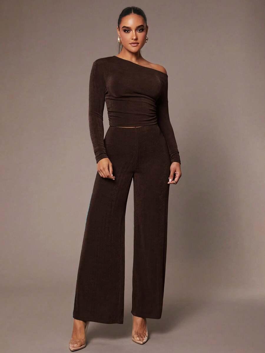 dark brown asymmetric pleated long-sleeve top and trousers set