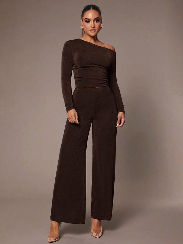 dark brown asymmetric pleated long-sleeve top and trousers set