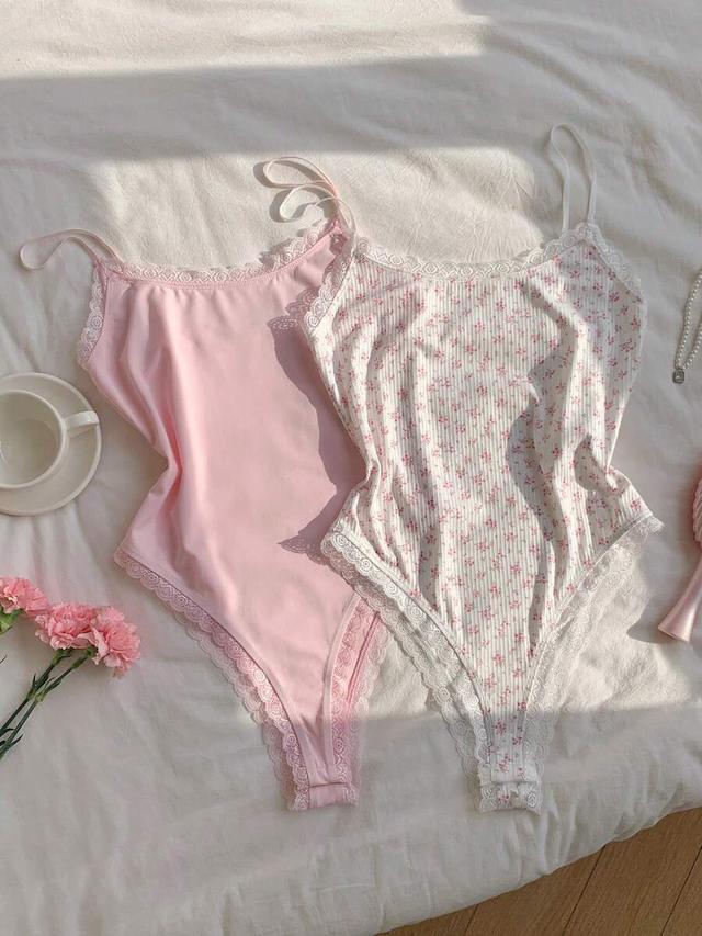 pink comfortcana multi-color floral lace trim ribbed bodysuit