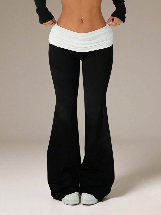 contrast color fold waist flare pants