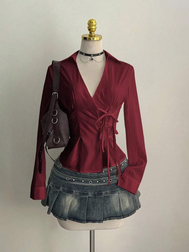 burgundy collared long sleeve lace-up waist blouse
