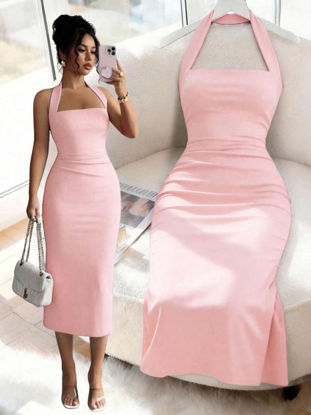 pastel pink satin halter neck midi dress