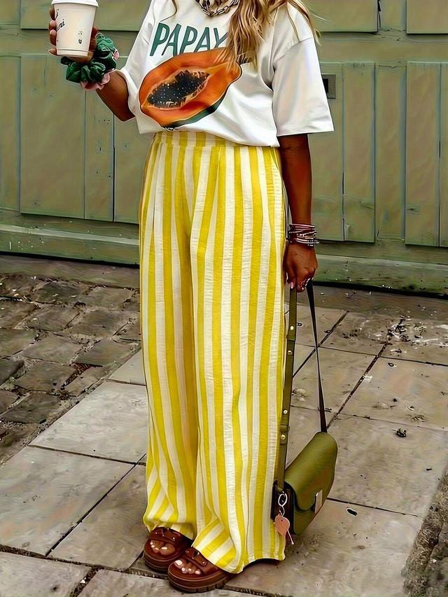 women's yellow and white striped woven wide leg pants