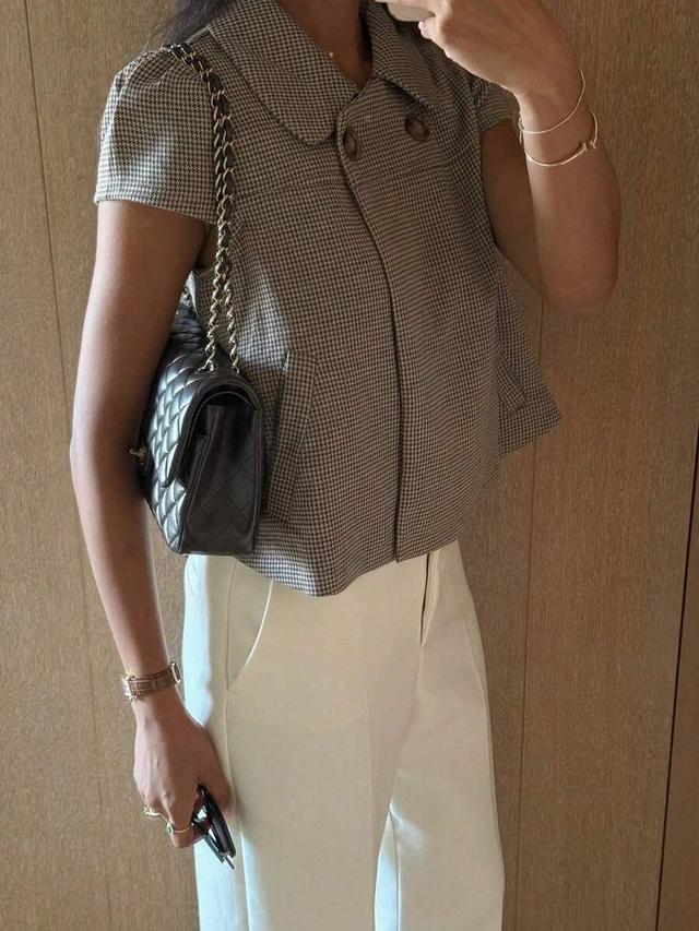 women's short sleeve plaid collar blouse