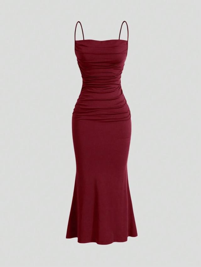 burgundy ruched cami maxi dress
