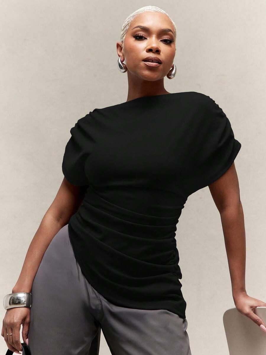vixey waist flattering boat neck short sleeve asymmetrical hem top