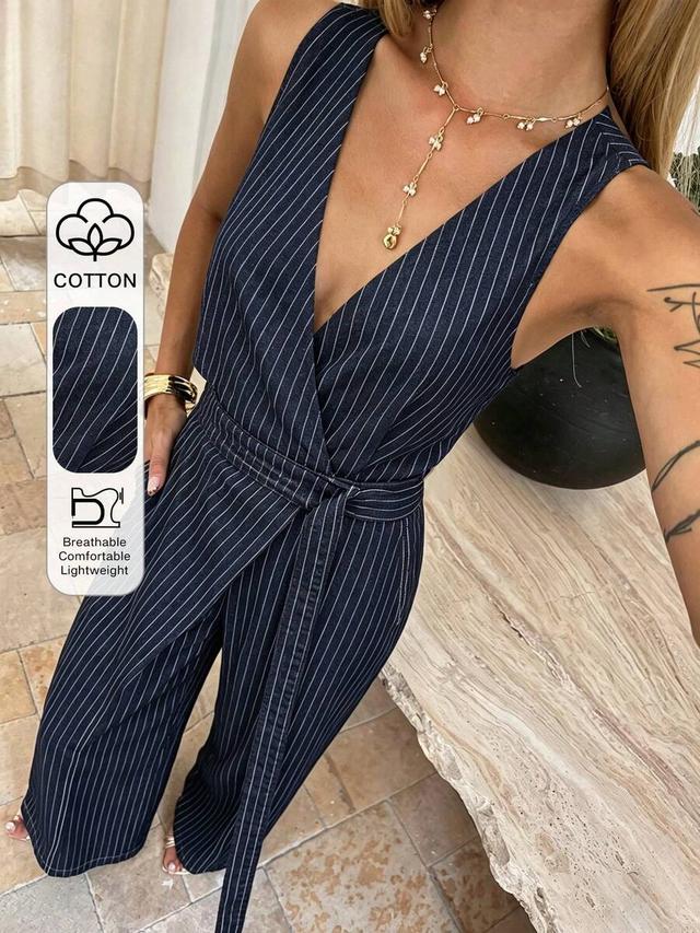 striped navy v-neck sleeveless denim jumpsuit