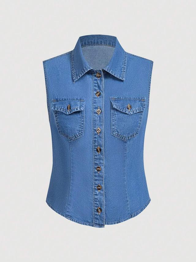sleeveless blue denim button-up shirt with chest pockets
