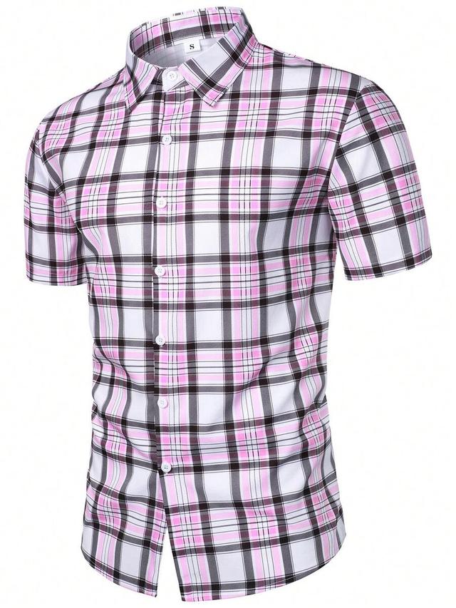 men's pink and black plaid short sleeve shirt