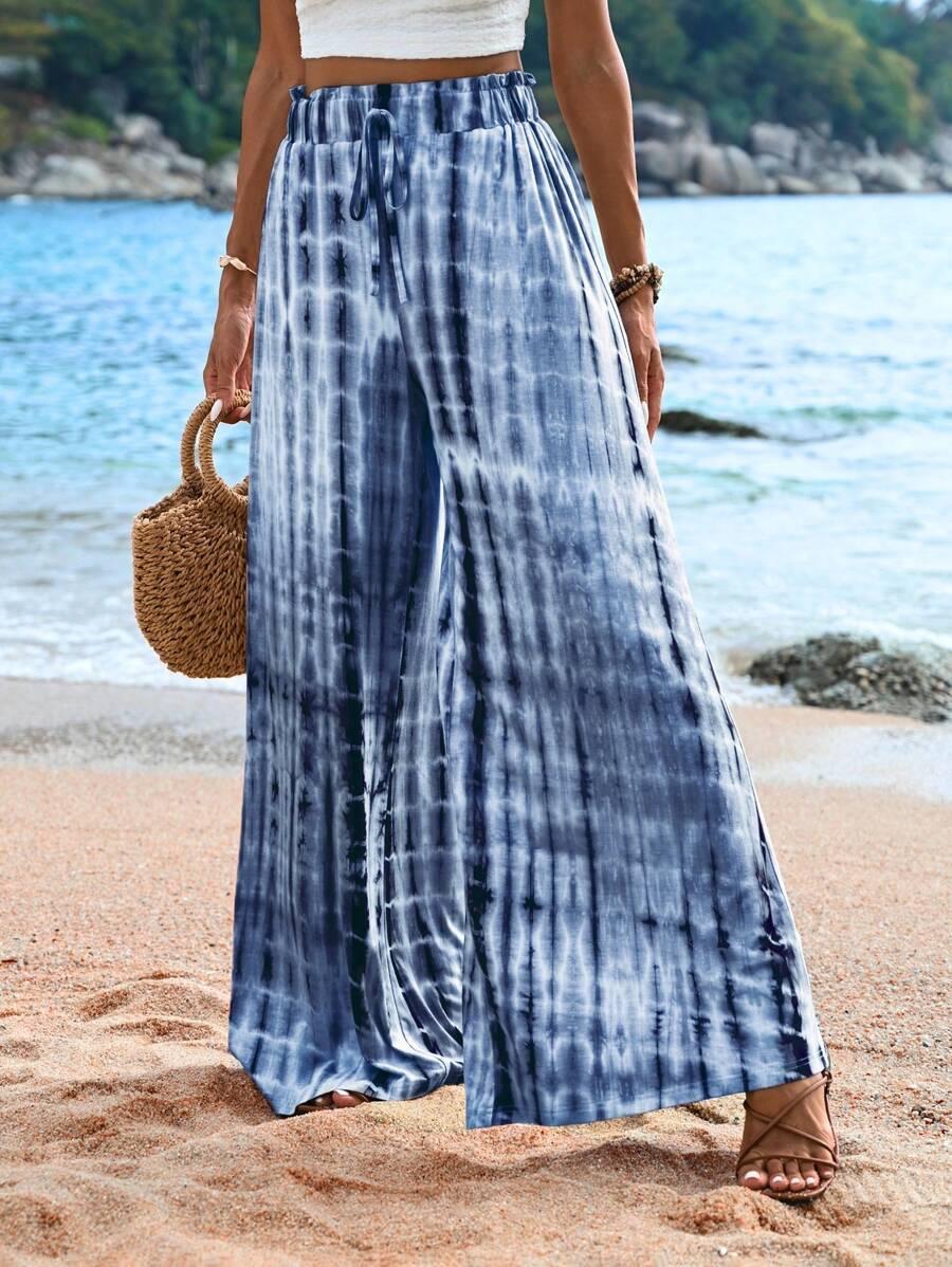 high-waisted tie-dye knit wide leg pants