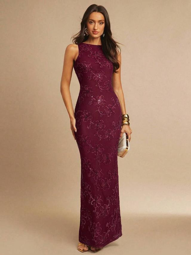 sleeveless floral embroidered v-neck deep purple maxi dress