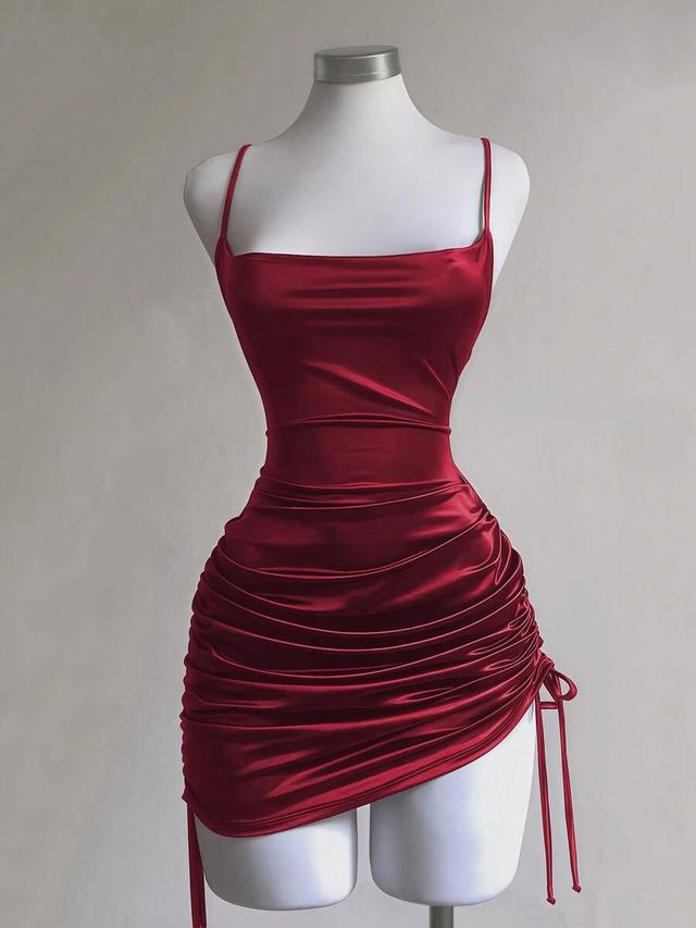 burgundy satin spaghetti strap ruched mini dress