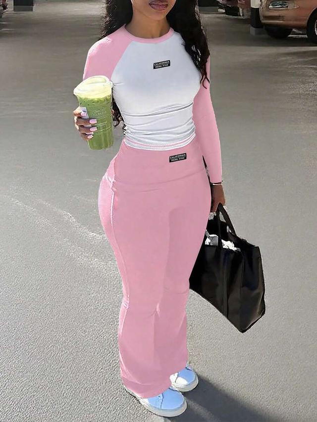 pink and white colorblock casual two-piece set