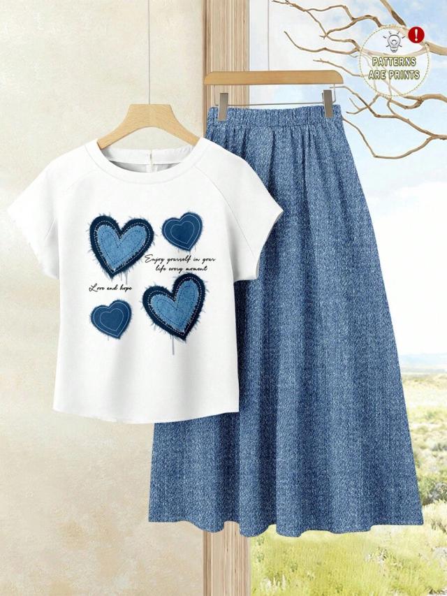 blue heart pattern top and denim skirt set