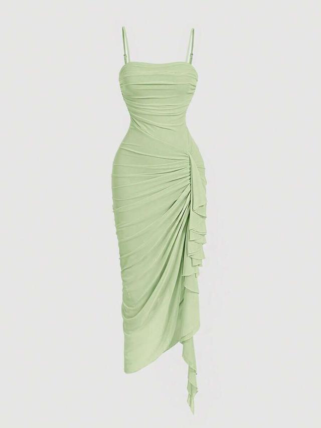 light green ruched ruffle hem midi dress