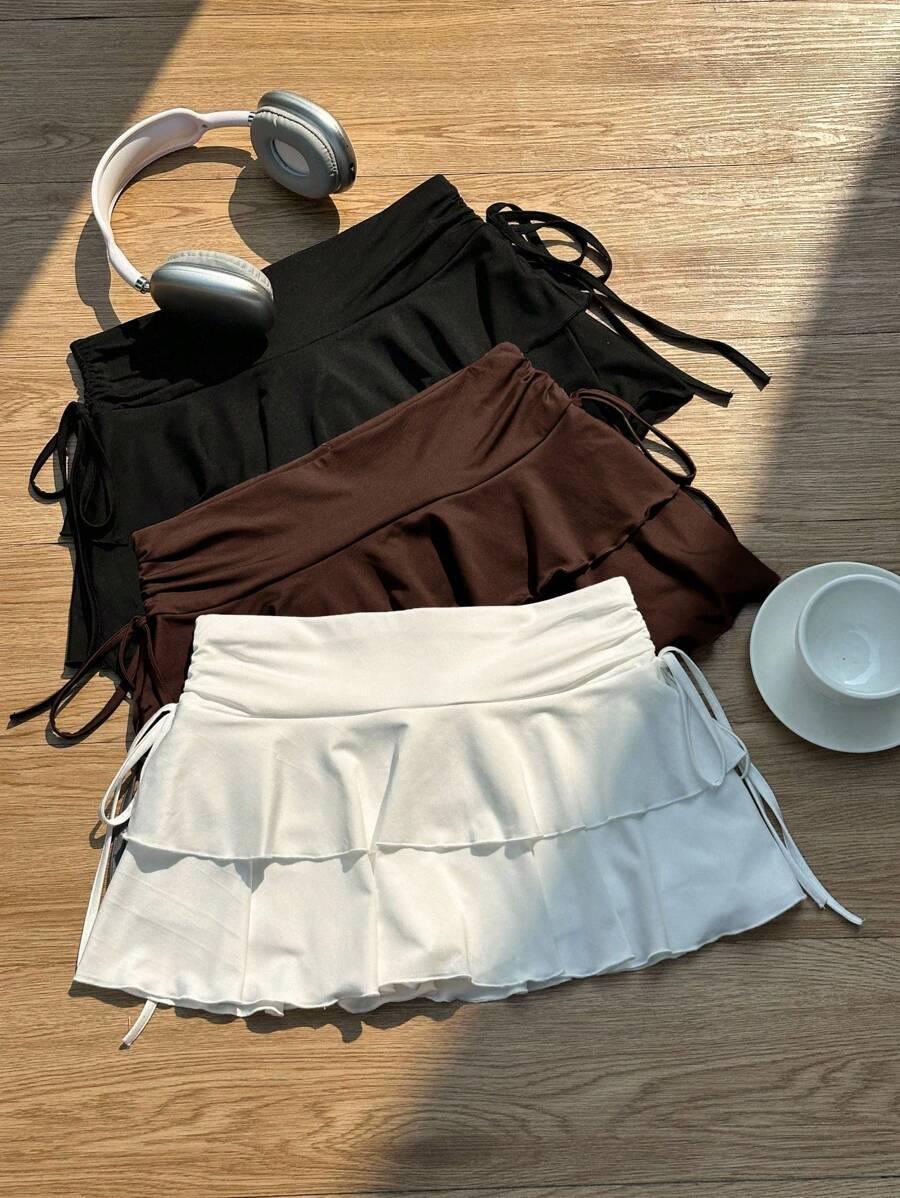brown three ruched waist a-line skirt in black white brown