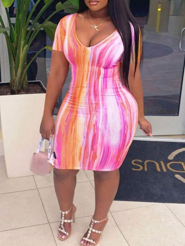 pink tie-dye deep v-neck short sleeve bodycon mini dress