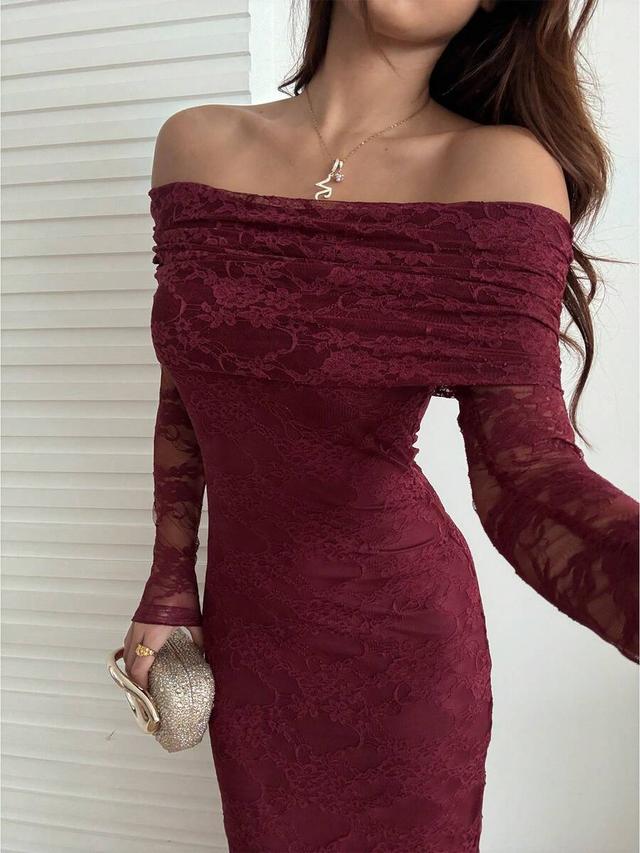 burgundy off-shoulder floral lace evening dress