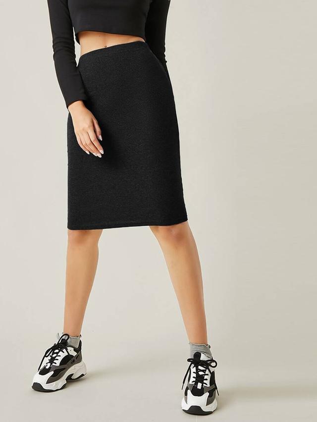 black rib-knit elastic waist midi skirt