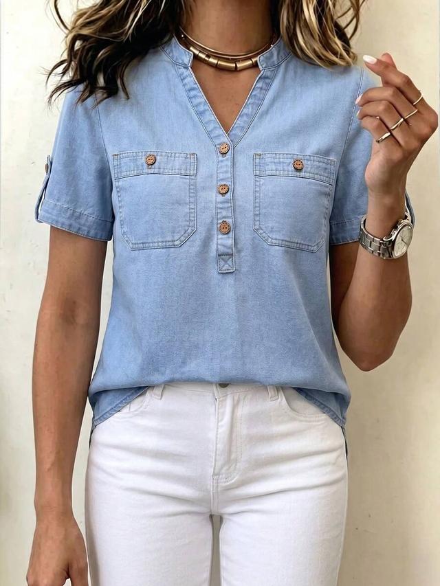 light wash denim short sleeve button up shirt