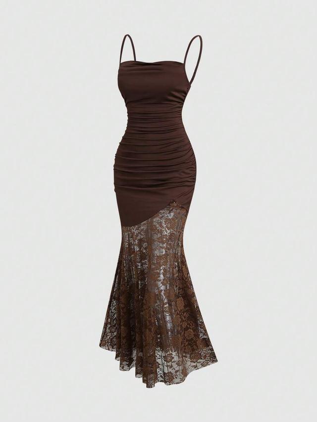 minimalist ruched lace splice mermaid long dress